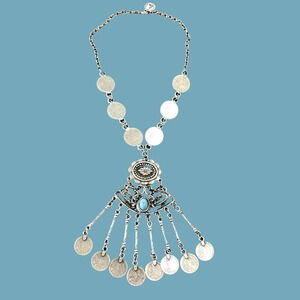 Bijoux Max 1986 Turkish Coin Pewter Statement Necklace Dangly Long Boho Tribal